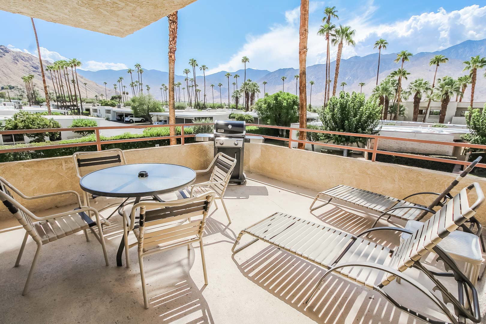 A relaxing balcony view at VRI's Desert Isle Resort in California.
